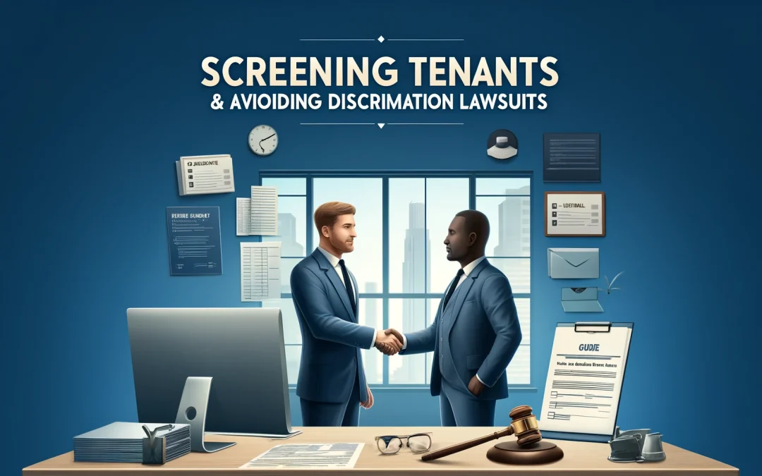 A featured image for the guide "Screening Tenants & Avoiding Discrimination Lawsuits." It depicts a modern office setting with a landlord and tenant shaking hands, symbolizing agreement and fairness. In the background, there are subtle elements like a checklist, legal documents, and a gavel, hinting at the legal aspects of tenant screening. The title of the guide is prominently displayed at the top in a professional font. The image uses a color scheme of blues and greys, conveying a professional and trustworthy tone.